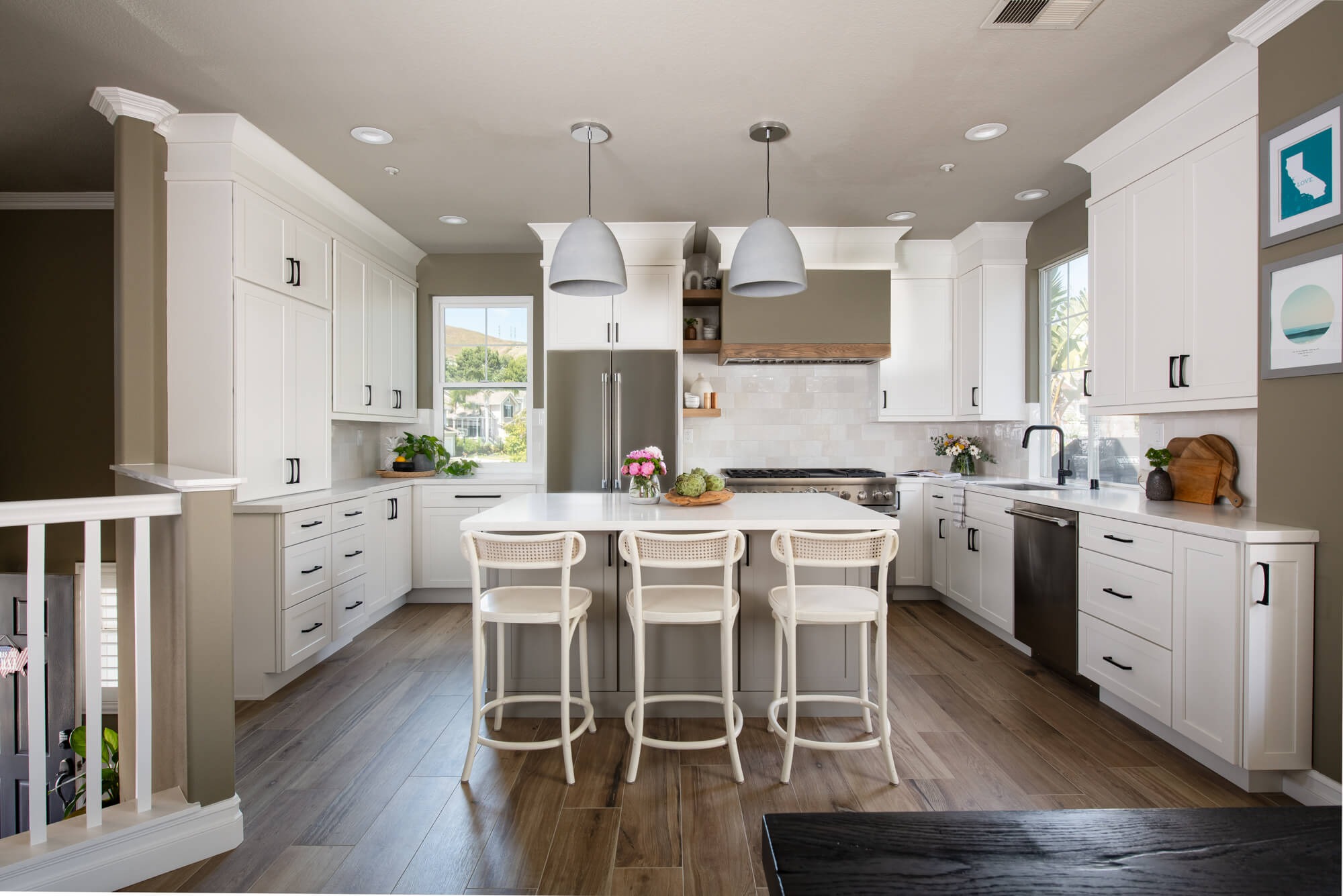 Wide-plank oak hardwood floor in modern farmhouse kitchen in Cumming
